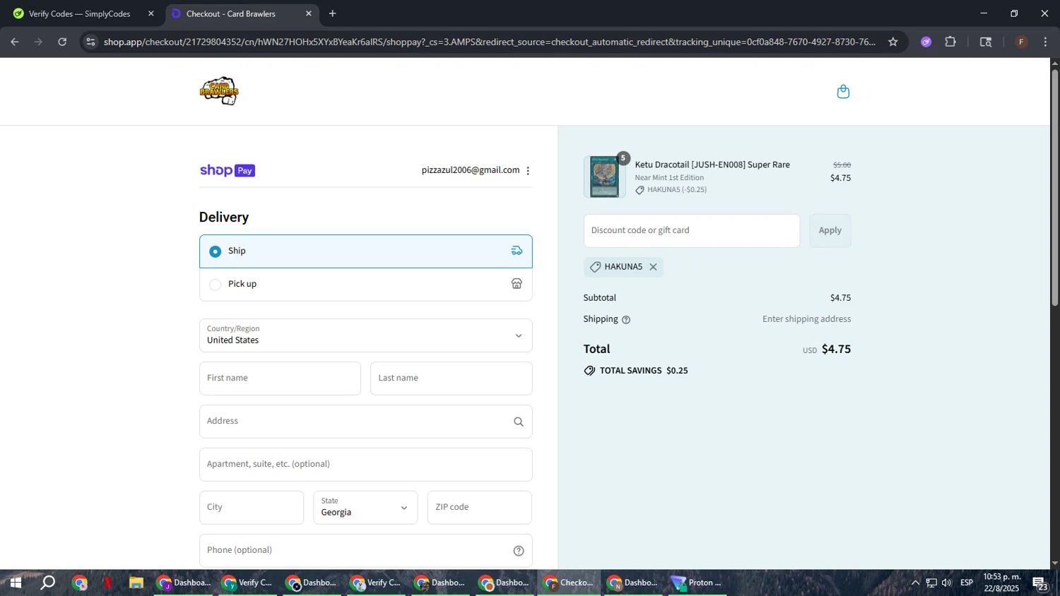 Card Brawlers discount code screenshot showing code hakuna5 applied at Card Brawlers checkout page. Uploaded by SimplyCodes community member ExtraordinaryHunter3076 on Aug 23, 2025