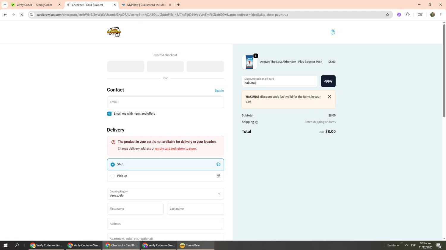 Card Brawlers discount code screenshot showing code hakuna5 applied at Card Brawlers checkout page. Uploaded by SimplyCodes community member Phoenix585 on Dec 11, 2025