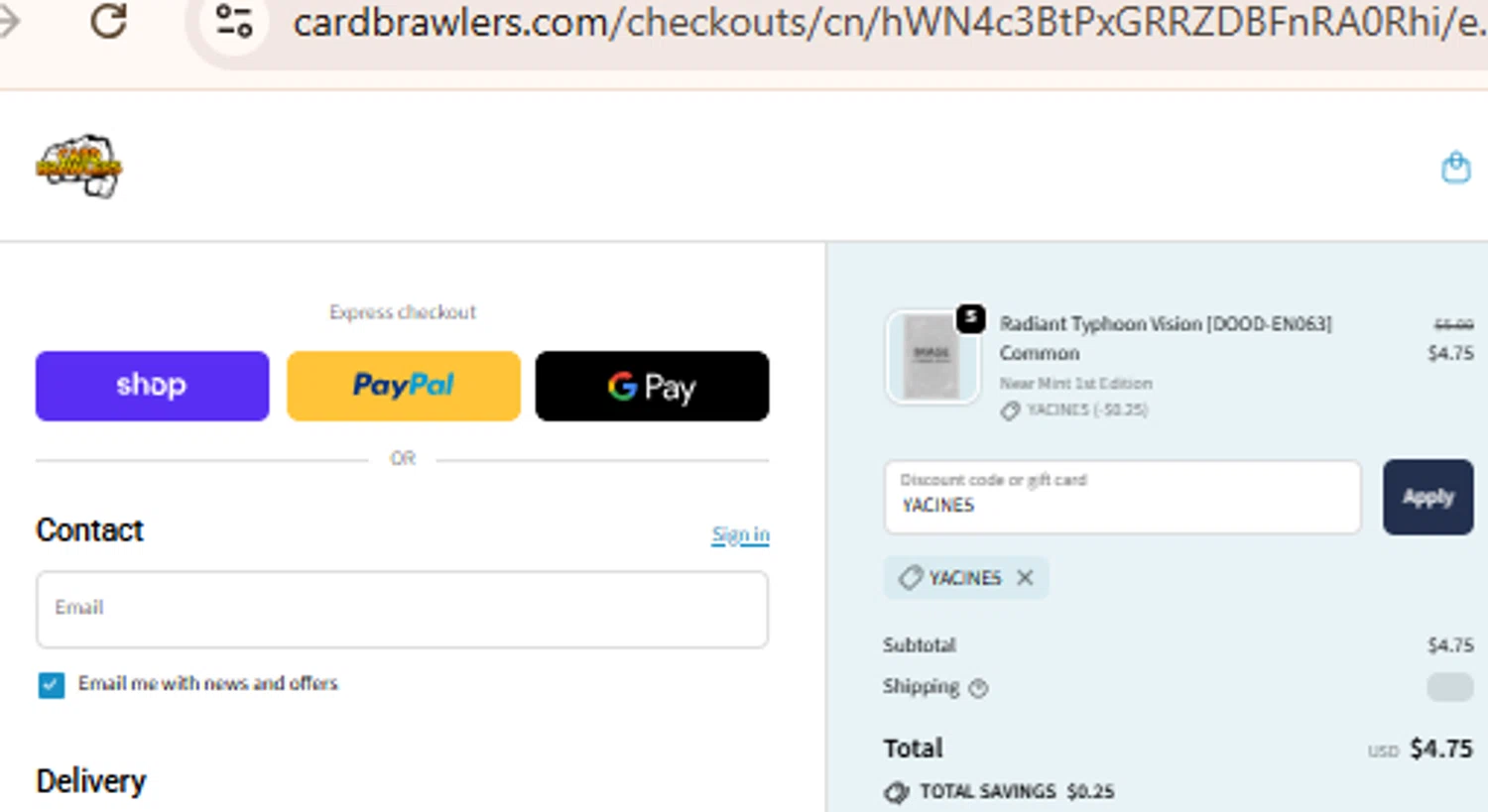 Card Brawlers discount code screenshot showing code YACINE5 applied at Card Brawlers checkout page. Uploaded by SimplyCodes community member BudgetLion5814 on Oct 27, 2025