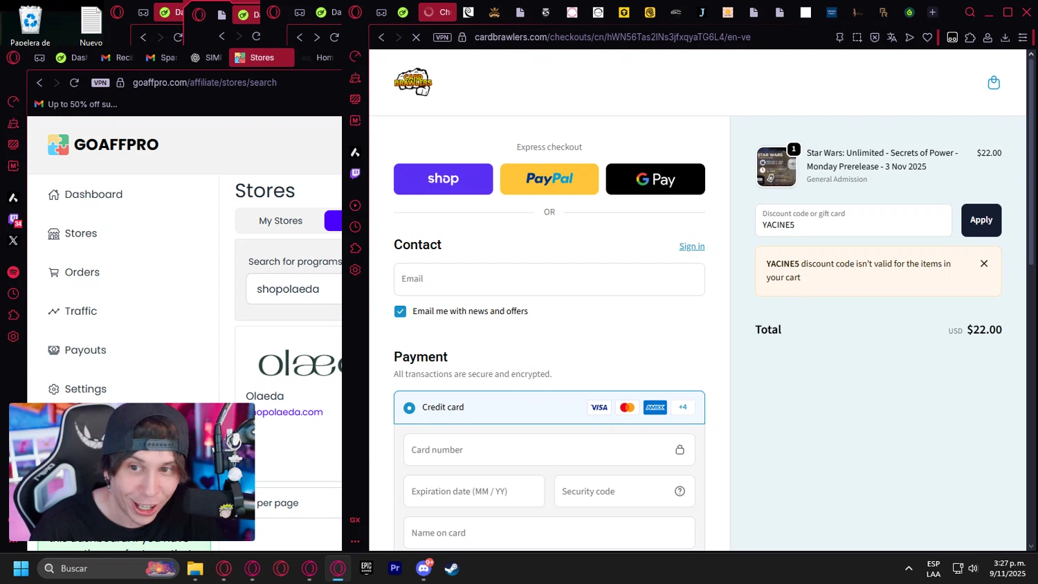 Card Brawlers discount code screenshot showing code YACINE5 applied at Card Brawlers checkout page. Uploaded by SimplyCodes community member Handivlak on Nov 9, 2025