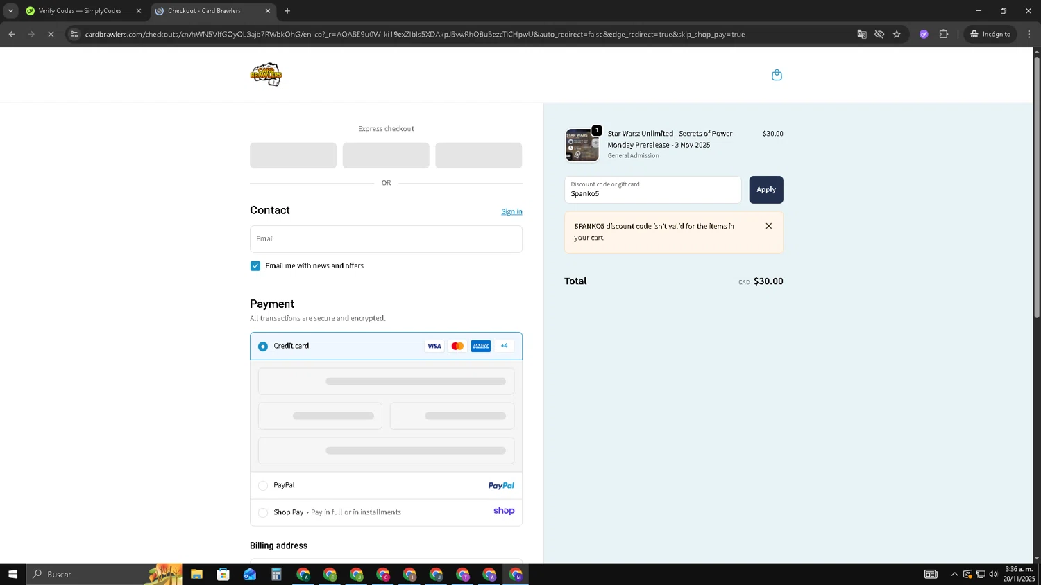 Card Brawlers discount code screenshot showing code Spanko5 applied at Card Brawlers checkout page. Uploaded by SimplyCodes community member CRF250CC on Nov 20, 2025