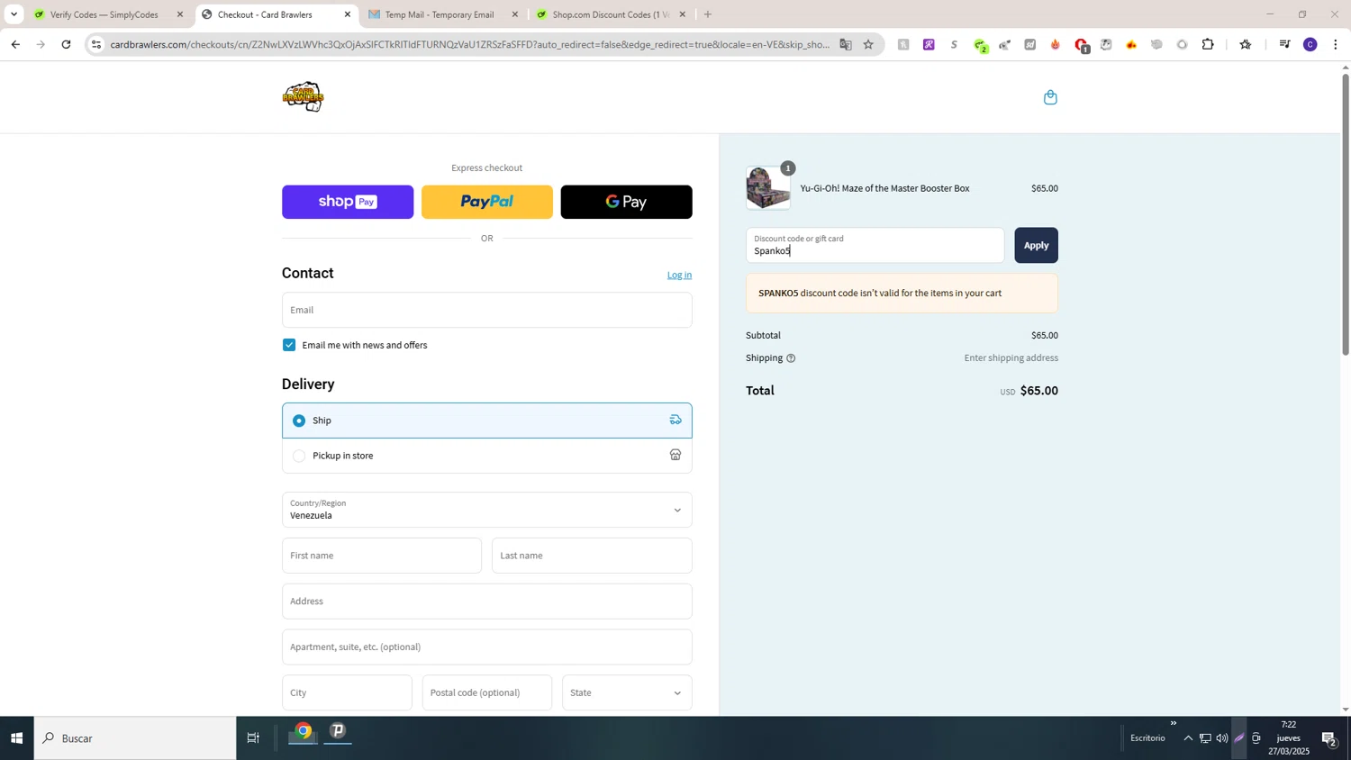 Card Brawlers discount code screenshot showing code Spanko5 applied at Card Brawlers checkout page. Uploaded by SimplyCodes community member LAGUGU on Mar 27, 2025