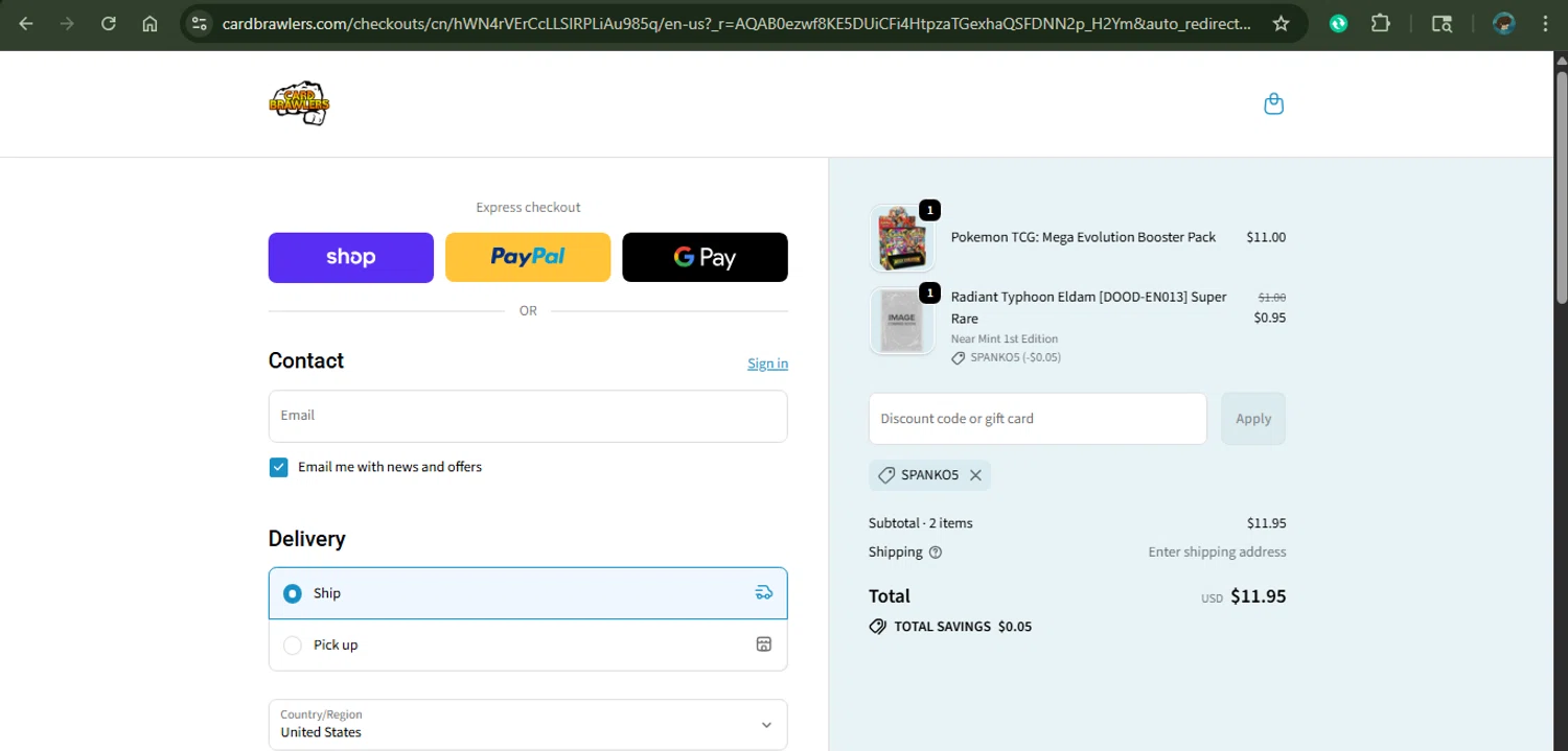 Card Brawlers discount code screenshot showing code Spanko5 applied at Card Brawlers checkout page. Uploaded by SimplyCodes community member MariaCorinaMachado on Nov 3, 2025