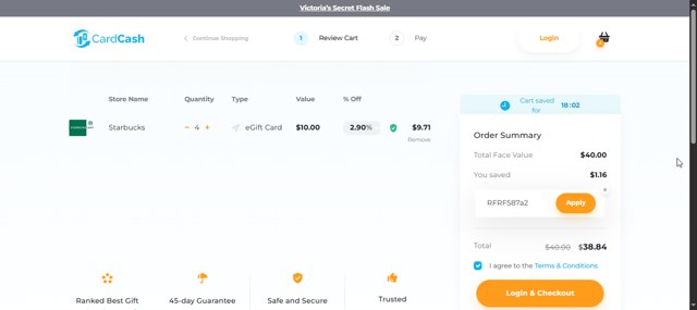 Card Cash checkout page showing Card Cash promo code box | Screenshot taken by SimplyCodes community member on Jul 30, 2025