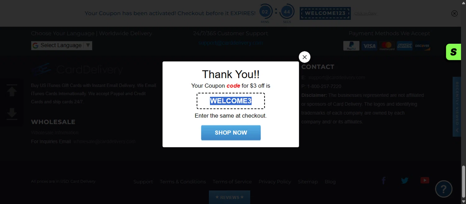 CardDelivery coupon code screenshot showing code WELCOME3 applied at CardDelivery checkout page. Uploaded by SimplyCodes community member 111111 on Nov 17, 2025