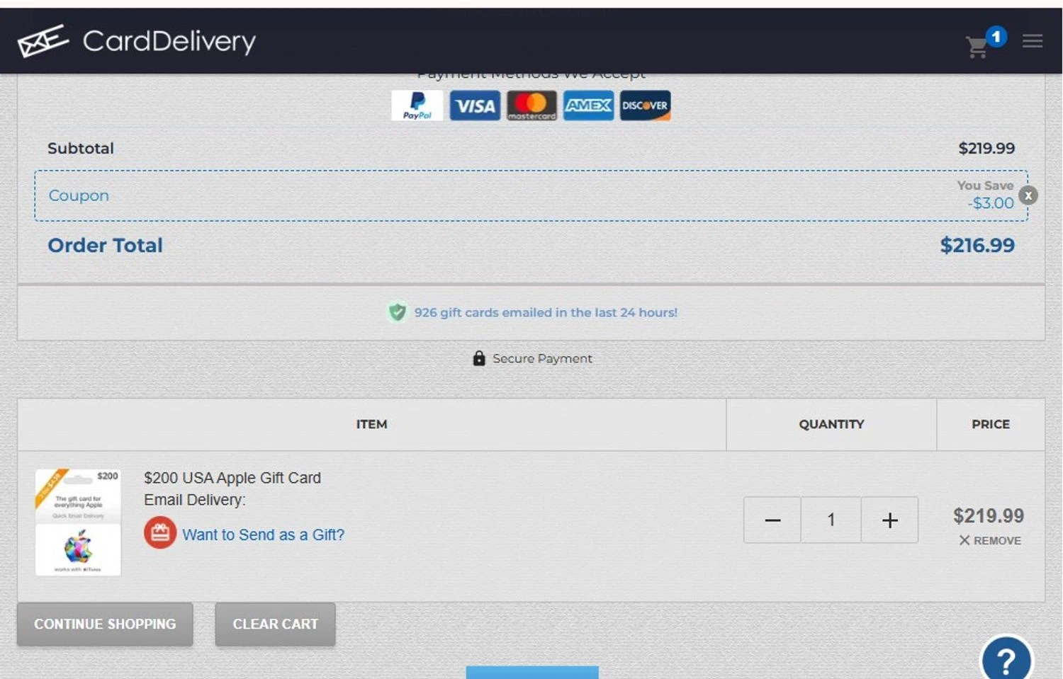 CardDelivery checkout page showing CardDelivery coupon code box | Screenshot taken by SimplyCodes community member on Jan 31, 2026