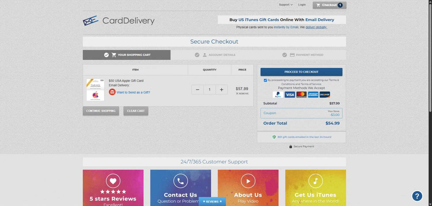 CardDelivery coupon code screenshot showing code WELCOME3 applied at CardDelivery checkout page. Uploaded by SimplyCodes community member VictoriousBoss8742 on Jul 24, 2025