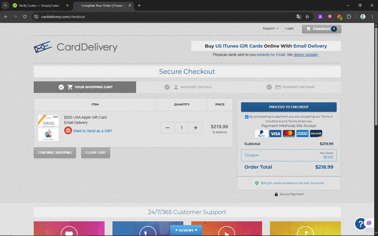 CardDelivery coupon code screenshot showing code new45 applied at CardDelivery checkout page. Uploaded by SimplyCodes community member NobleScholar188 on Jun 8, 2025