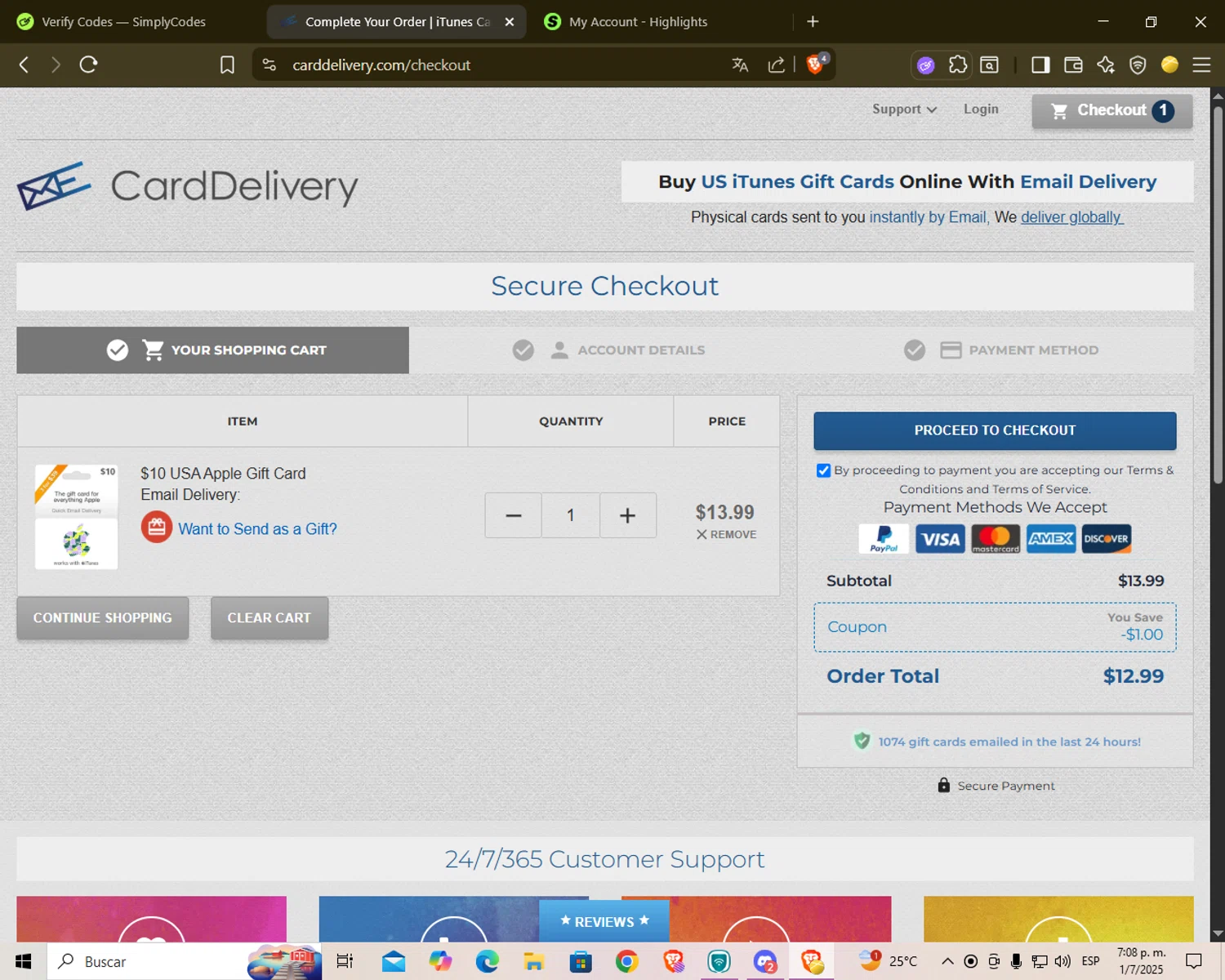 CardDelivery coupon code screenshot showing code new45 applied at CardDelivery checkout page. Uploaded by SimplyCodes community member Yure2713 on Jul 1, 2025
