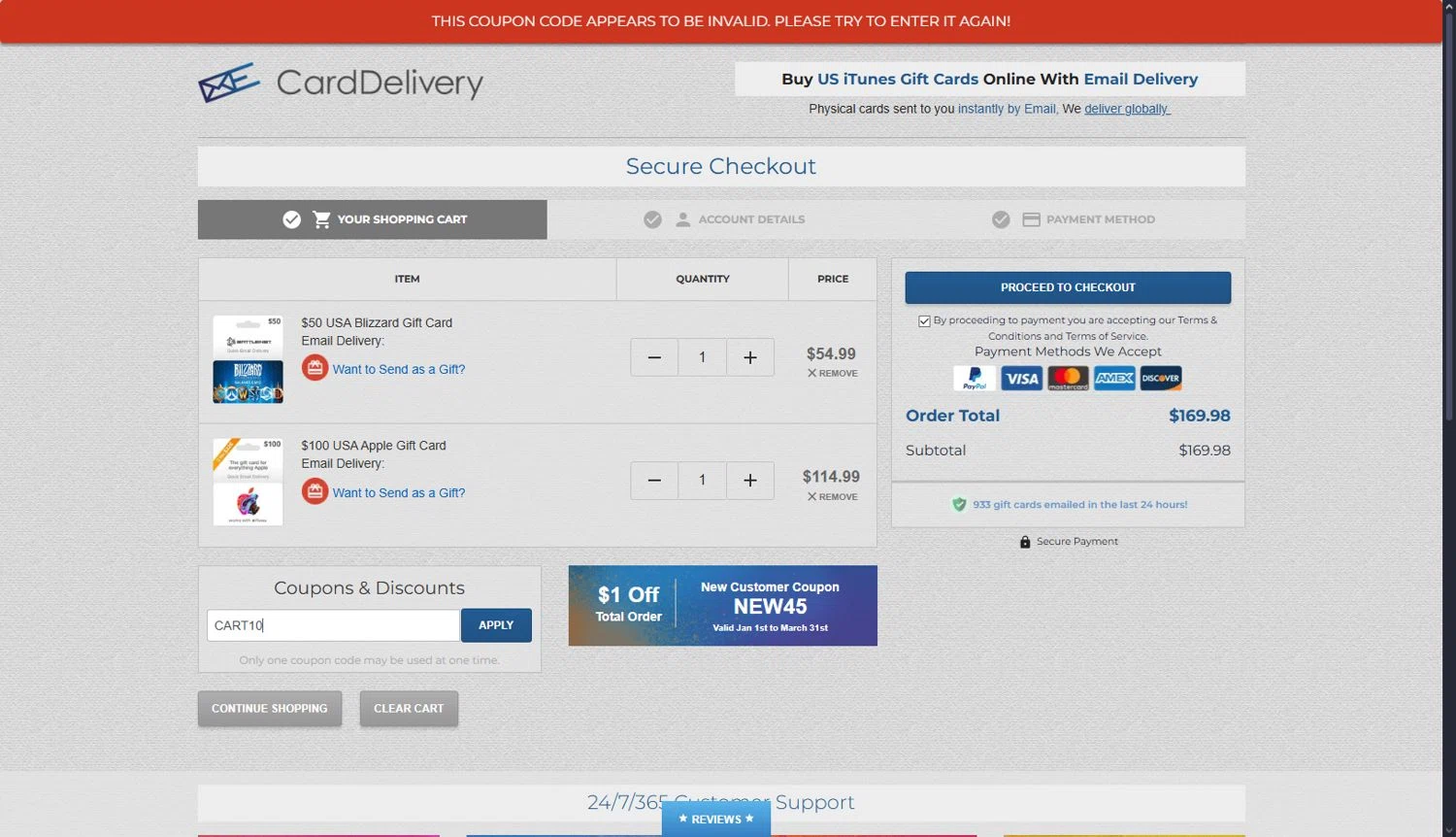 CardDelivery coupon code screenshot showing code CART10 applied at CardDelivery checkout page. Uploaded by SimplyCodes community member terwincastro on Mar 5, 2025