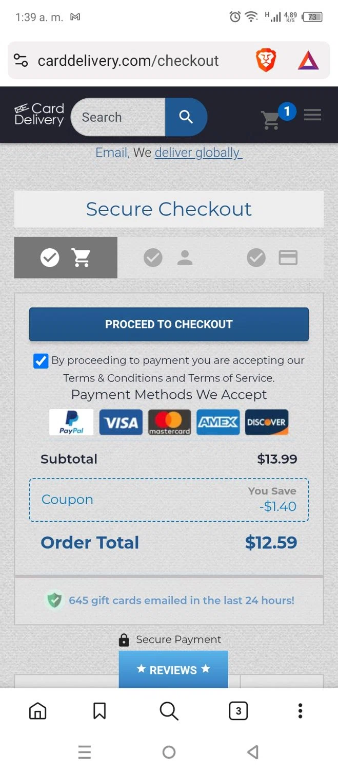 CardDelivery coupon code screenshot showing code WELCOME123 applied at CardDelivery checkout page. Uploaded by SimplyCodes community member FrugalSpotter7217 on Nov 17, 2025