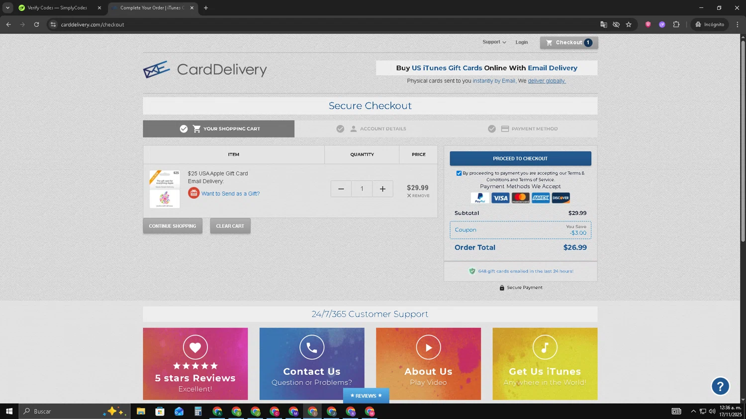 CardDelivery coupon code screenshot showing code WELCOME123 applied at CardDelivery checkout page. Uploaded by SimplyCodes community member pequenokalvin5 on Nov 17, 2025