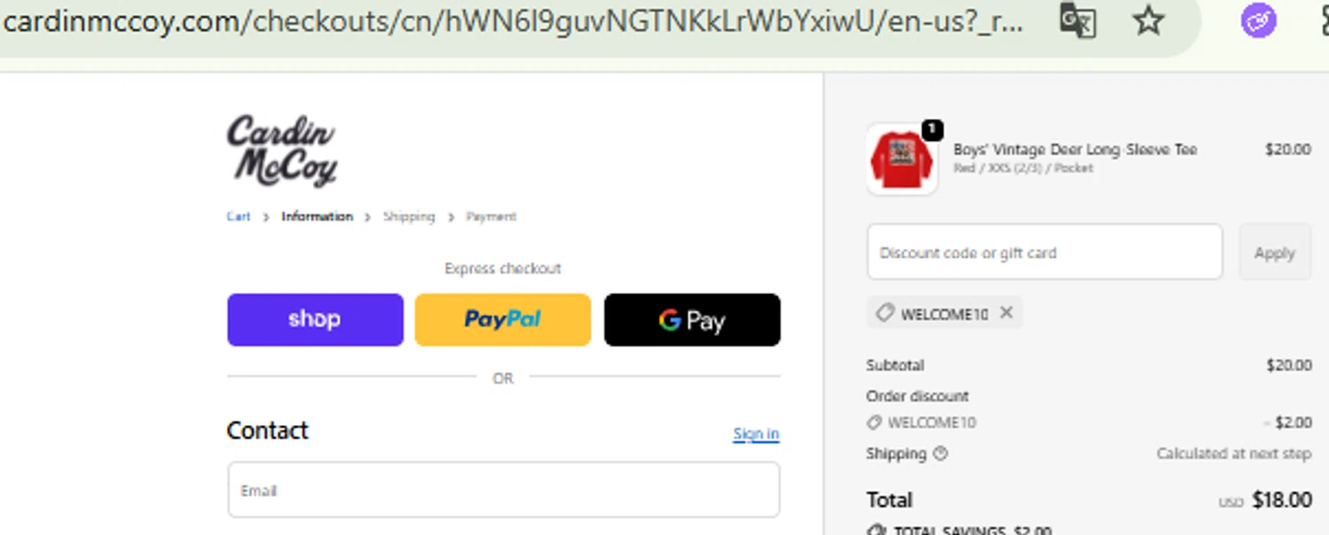 Cardin McCoy discount code screenshot showing code WELCOME10 applied at Cardin McCoy checkout page. Uploaded by SimplyCodes community member CashMaestro9337 on Dec 23, 2025
