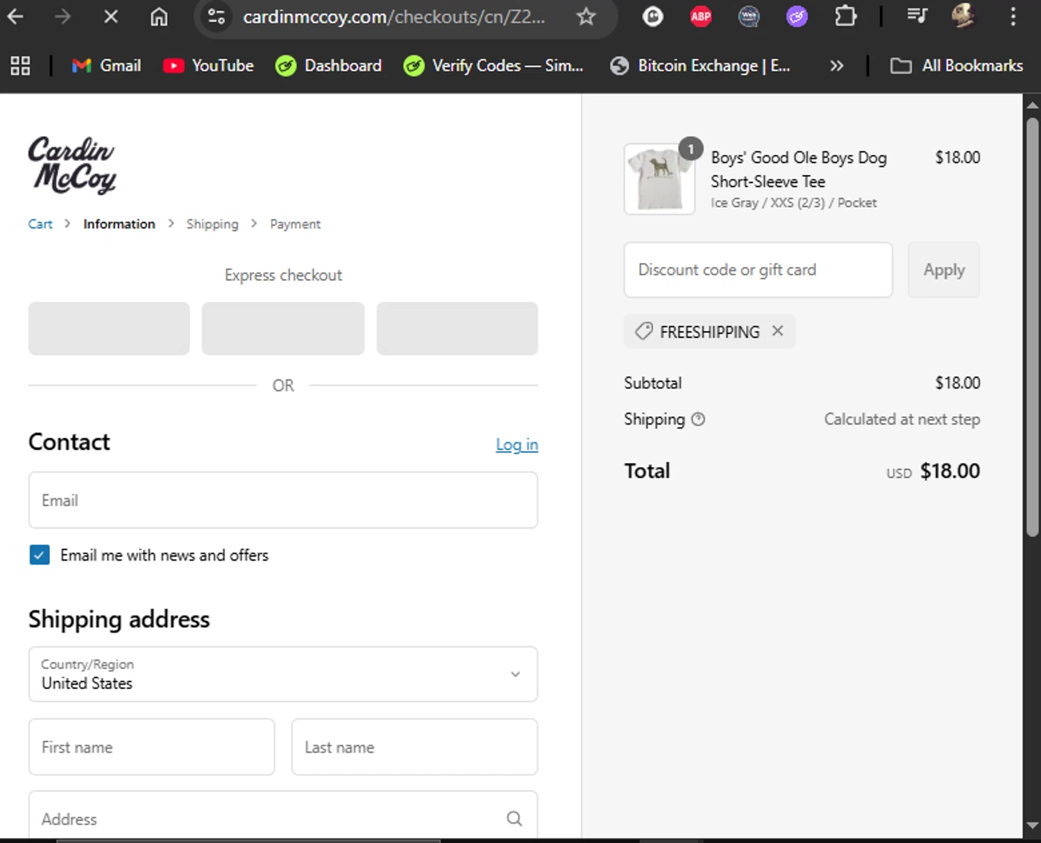 Cardin McCoy discount code screenshot showing code FREESHIPPING applied at Cardin McCoy checkout page. Uploaded by SimplyCodes community member LiShang on Apr 29, 2025