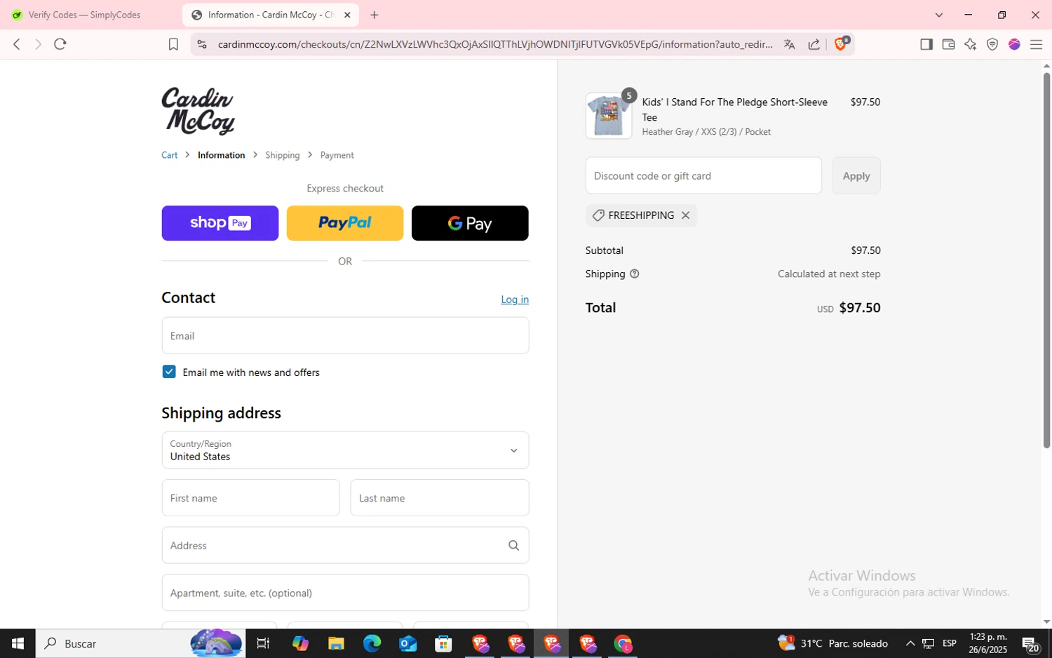 Cardin McCoy discount code screenshot showing code FREESHIPPING applied at Cardin McCoy checkout page. Uploaded by SimplyCodes community member SilverFox3257 on Jun 26, 2025