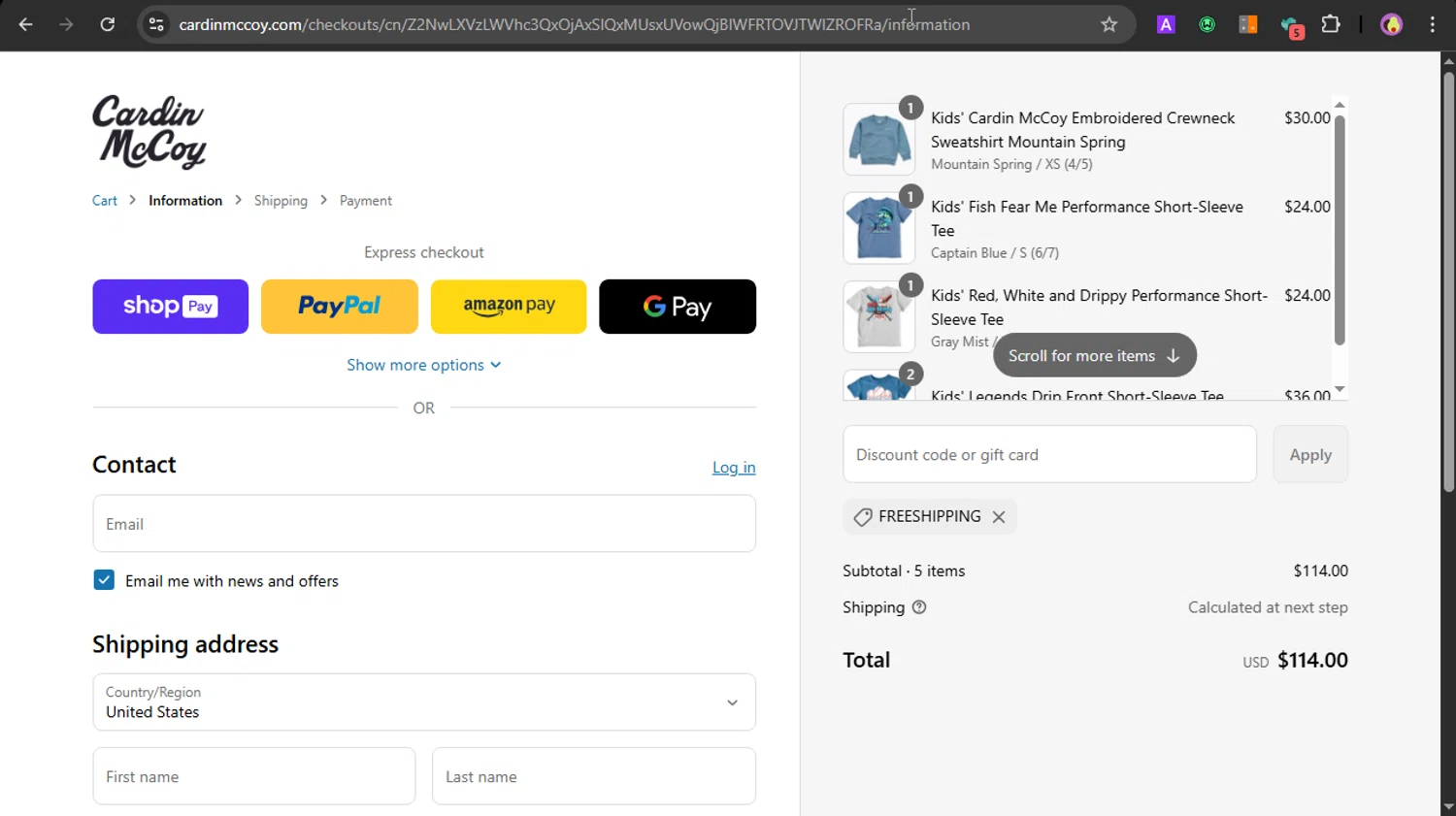 Cardin McCoy discount code screenshot showing code FREESHIPPING applied at Cardin McCoy checkout page. Uploaded by SimplyCodes community member PrincessCoupon on Apr 29, 2025
