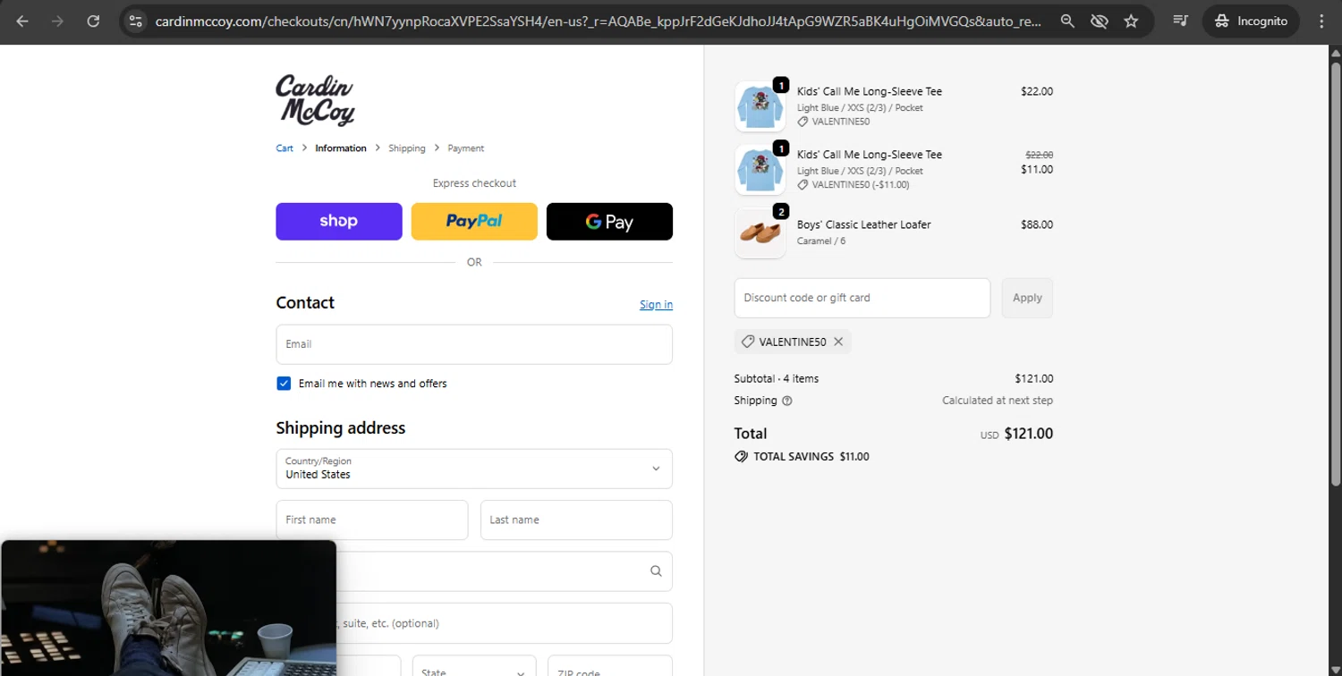 Cardin McCoy discount code screenshot showing code VALENTINE50 applied at Cardin McCoy checkout page. Uploaded by SimplyCodes community member anosesmith on Jan 24, 2026