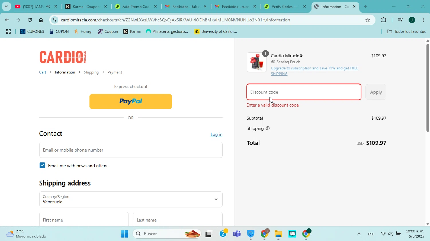 CardioMiracle promo code screenshot showing code cows applied at CardioMiracle checkout page. Uploaded by SimplyCodes community member ABHF23 on May 6, 2025