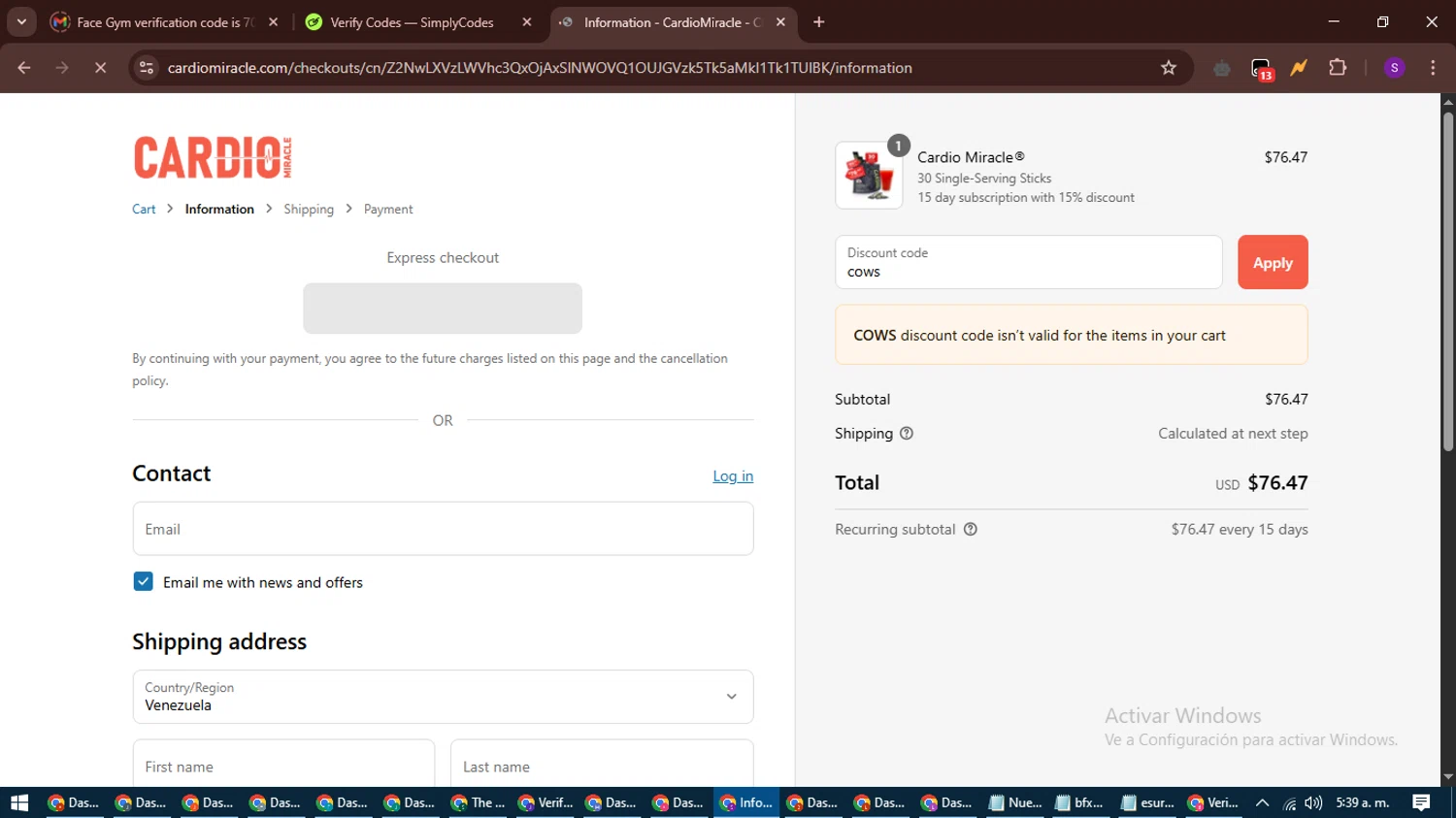 CardioMiracle checkout page showing CardioMiracle promo code box | Screenshot taken by SimplyCodes community member on Apr 27, 2025
