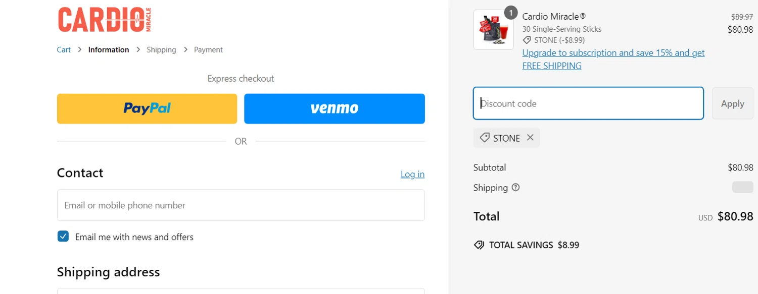 CardioMiracle promo code screenshot showing code STONE applied at CardioMiracle checkout page. Uploaded by SimplyCodes community member Sanemi on Feb 27, 2025