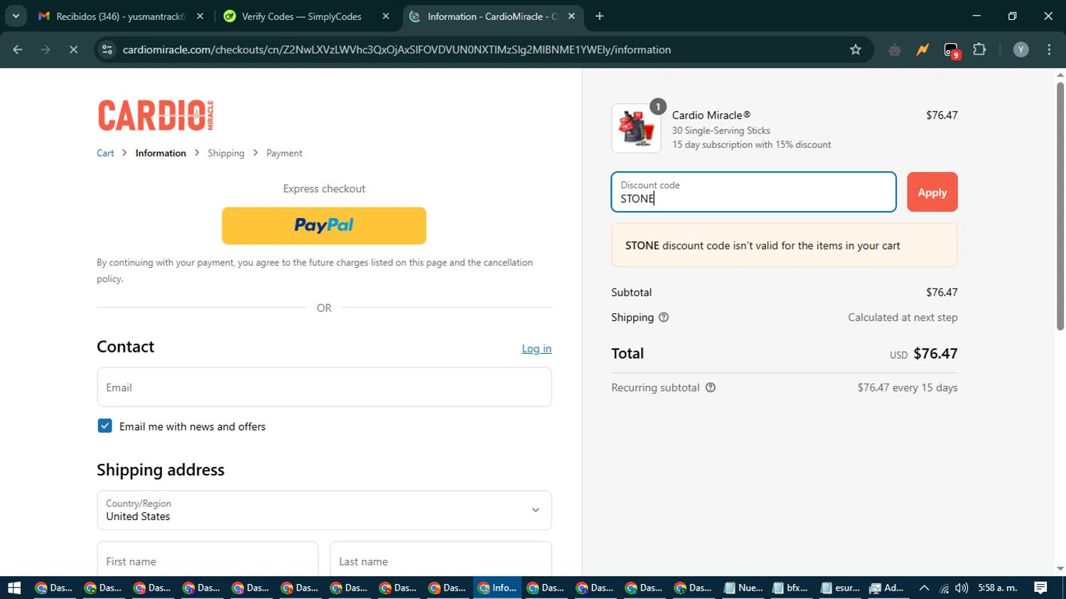CardioMiracle promo code screenshot showing code STONE applied at CardioMiracle checkout page. Uploaded by SimplyCodes community member MoneyTiger5162 on Mar 31, 2025