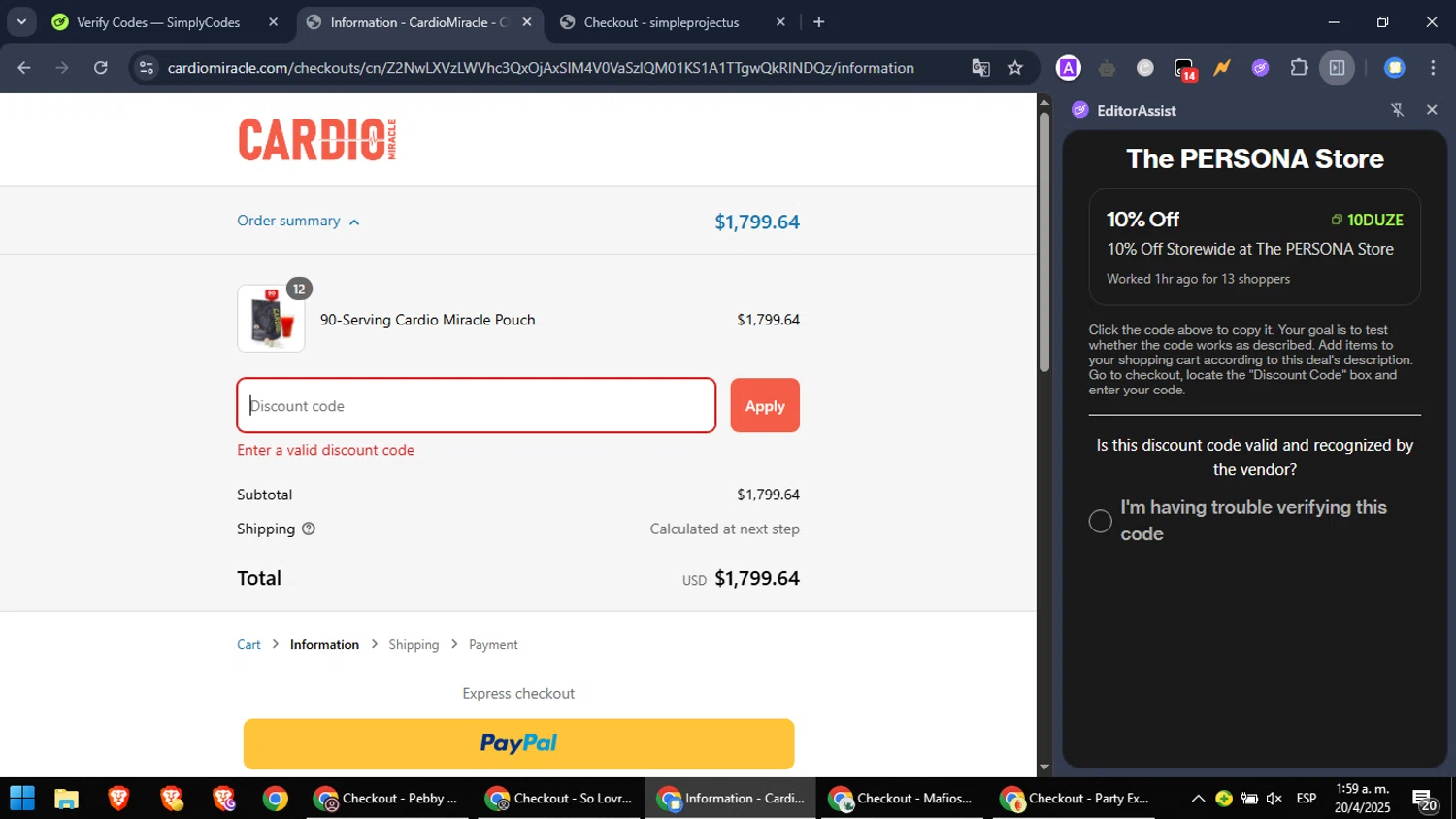 CardioMiracle promo code screenshot showing code Drt applied at CardioMiracle checkout page. Uploaded by SimplyCodes community member PromoScout8746 on Apr 20, 2025