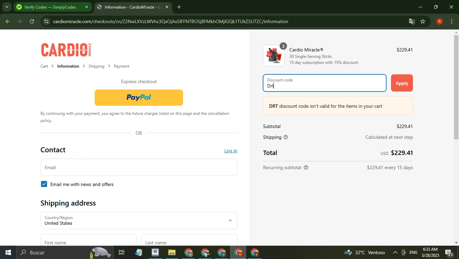 CardioMiracle promo code screenshot showing code Drt applied at CardioMiracle checkout page. Uploaded by SimplyCodes community member robertotorrealba on Mar 28, 2025