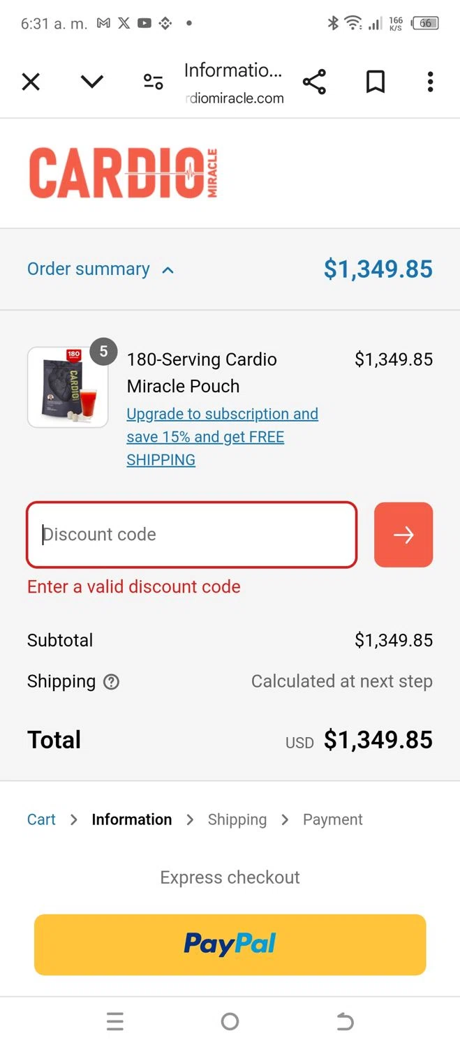 CardioMiracle promo code screenshot showing code TML applied at CardioMiracle checkout page. Uploaded by SimplyCodes community member CUICASCOROMOTO on Apr 27, 2025