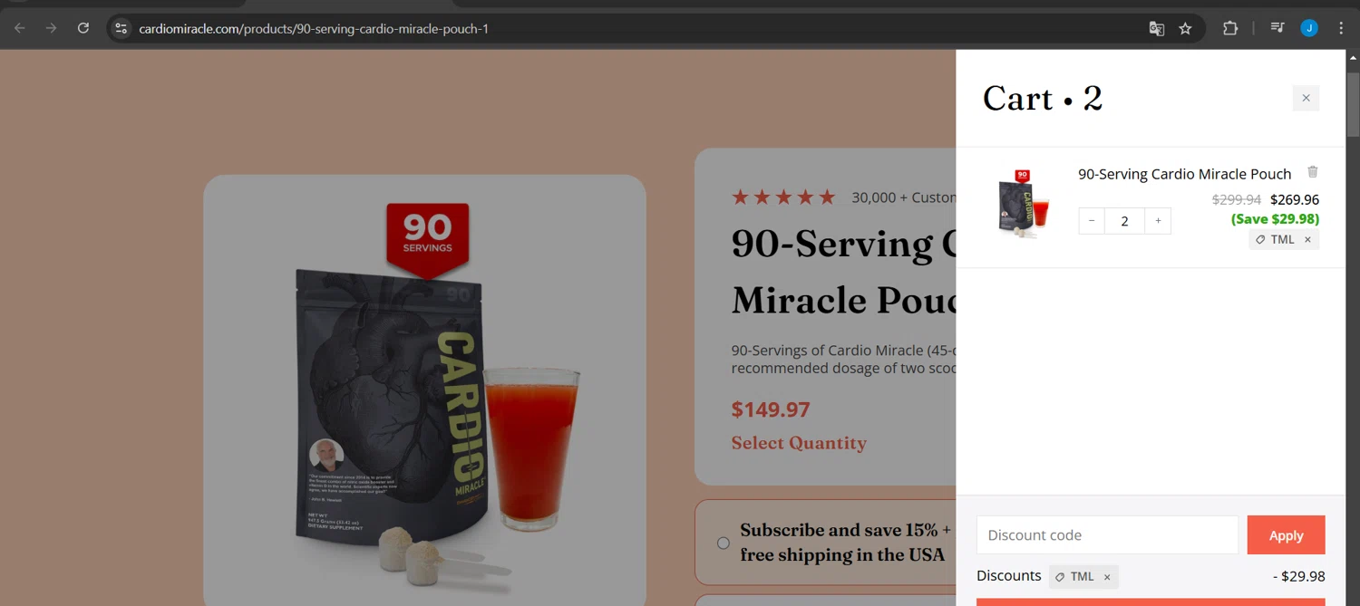 CardioMiracle promo code screenshot showing code TML applied at CardioMiracle checkout page. Uploaded by SimplyCodes community member Jeanjc on Feb 17, 2025