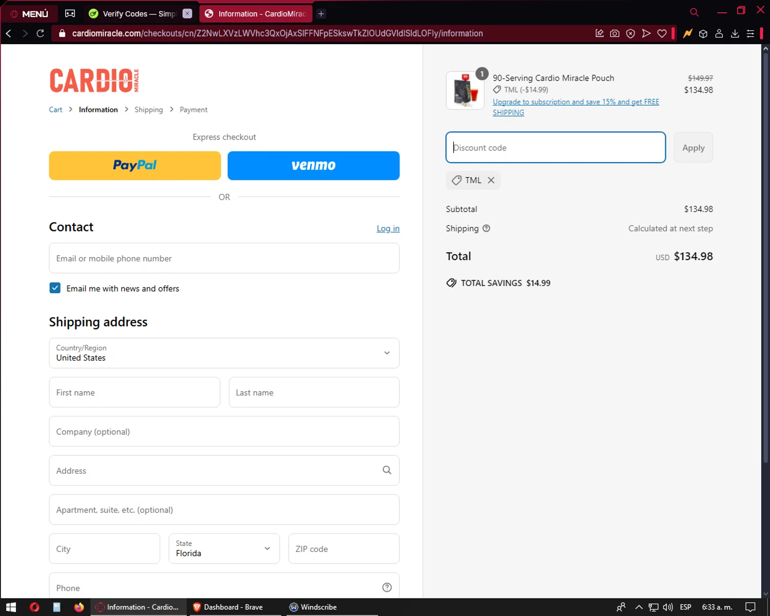 CardioMiracle promo code screenshot showing code TML applied at CardioMiracle checkout page. Uploaded by SimplyCodes community member joaojesus on Mar 28, 2025
