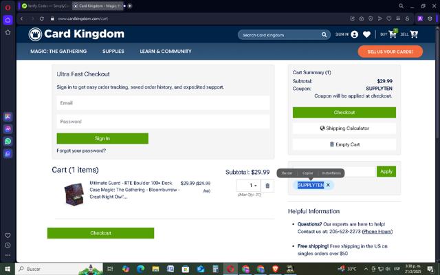Card Kingdom checkout page showing Card Kingdom coupon code box | Screenshot taken by SimplyCodes community member on Feb 21, 2025