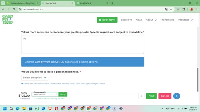 Card My Yard checkout page showing Card My Yard coupon code box | Screenshot taken by SimplyCodes community member on Mar 24, 2025