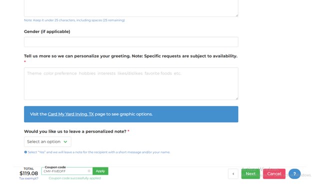 Card My Yard checkout page showing Card My Yard coupon code box | Screenshot taken by SimplyCodes community member on Aug 12, 2025