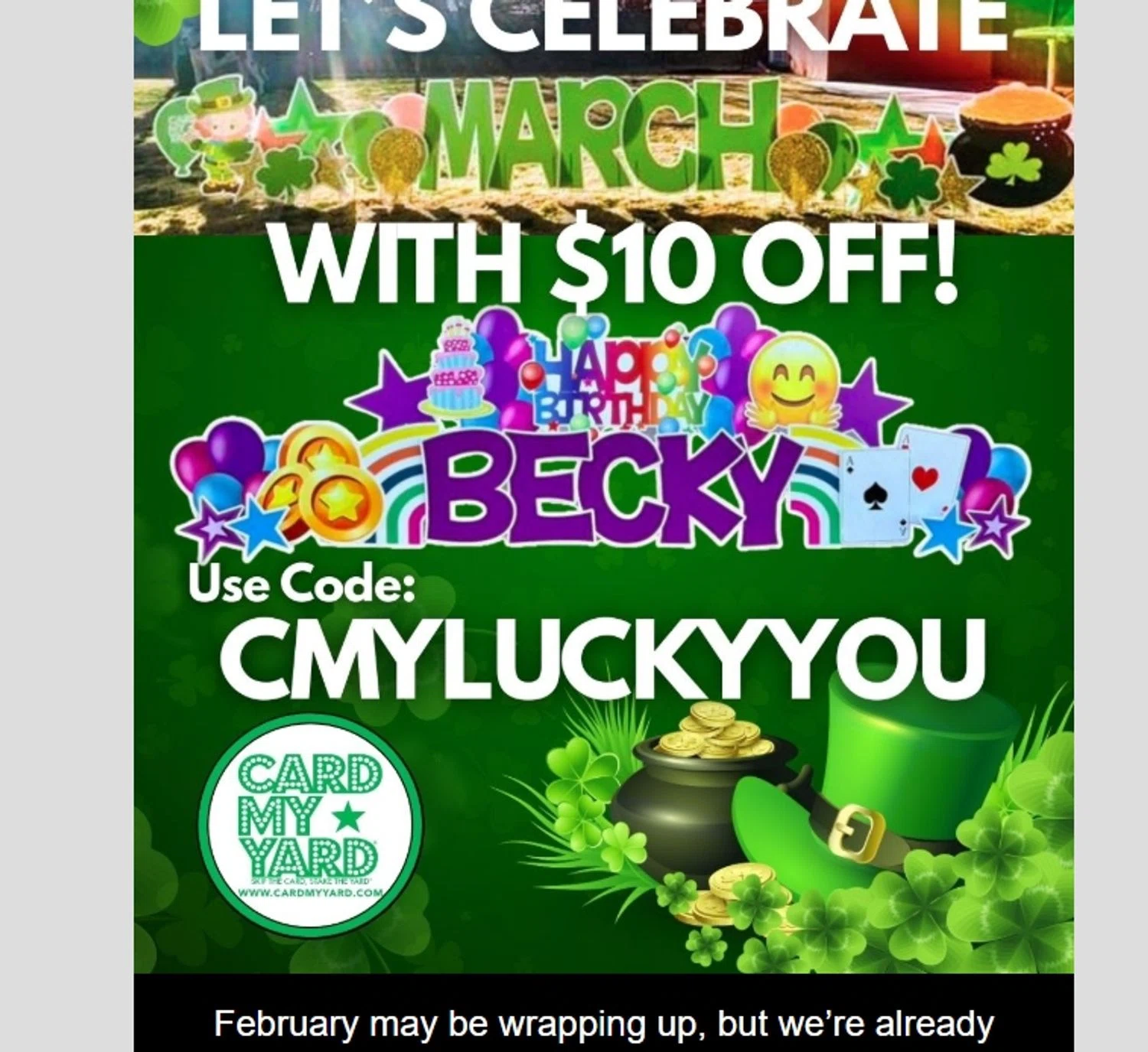 Card My Yard promo code screenshot showing code CMYLUCKYYOU applied at Card My Yard checkout page. Uploaded by SimplyCodes community member Mdeoca on Feb 23, 2026