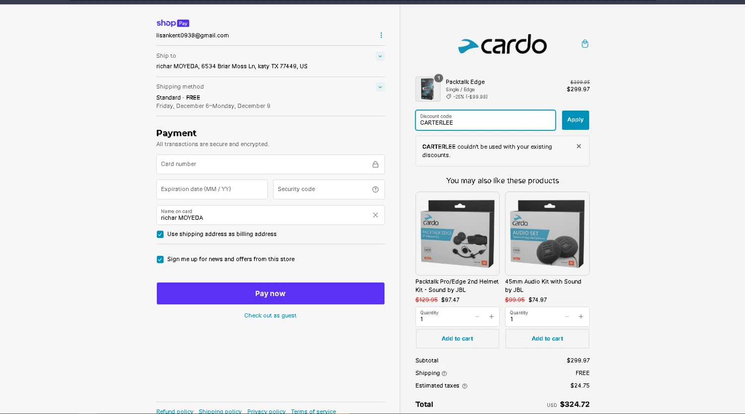 where to use Cardo Systems promo code box