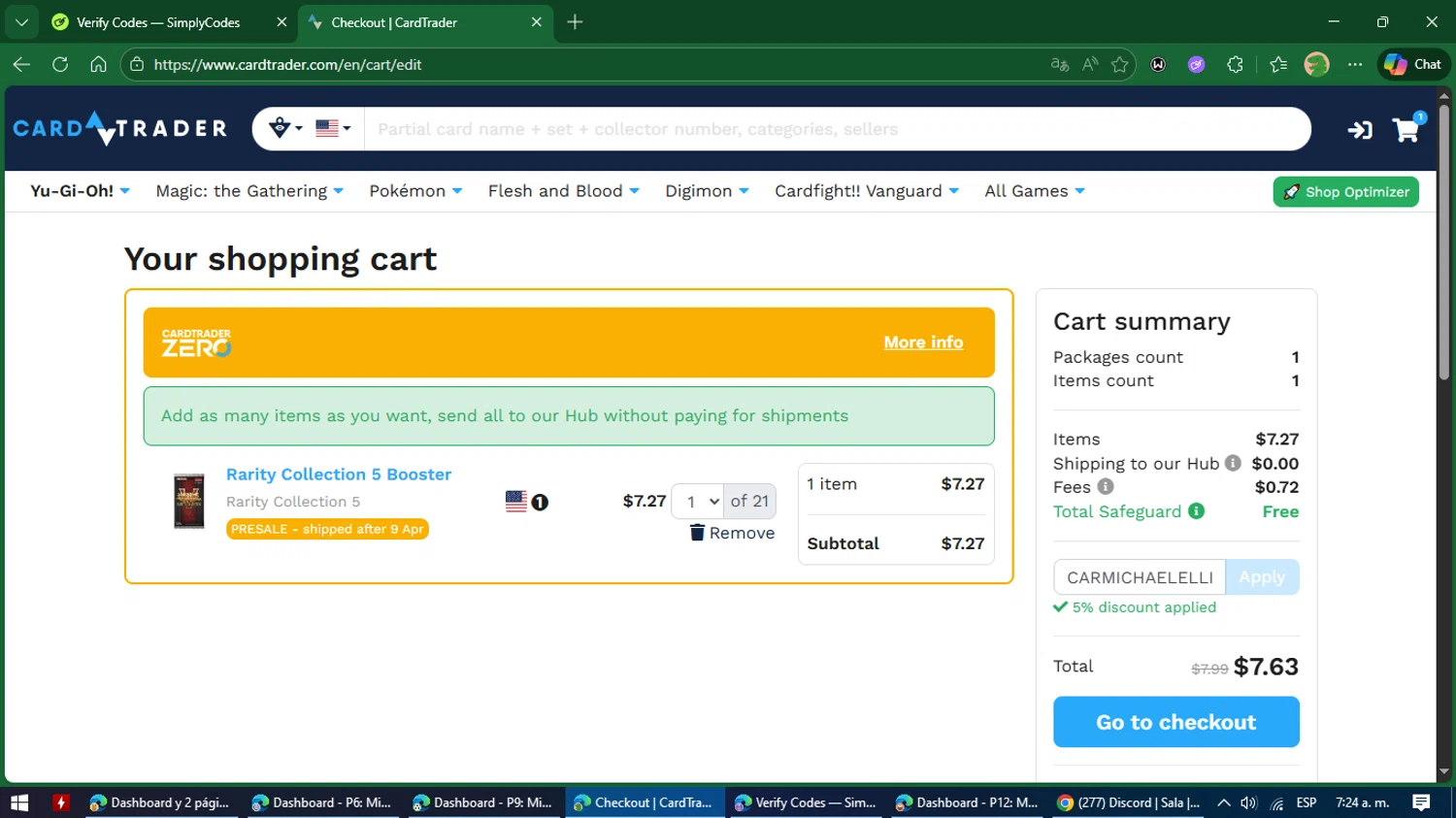 CardTrader checkout page showing CardTrader coupon code box | Screenshot taken by SimplyCodes community member on Jan 23, 2026