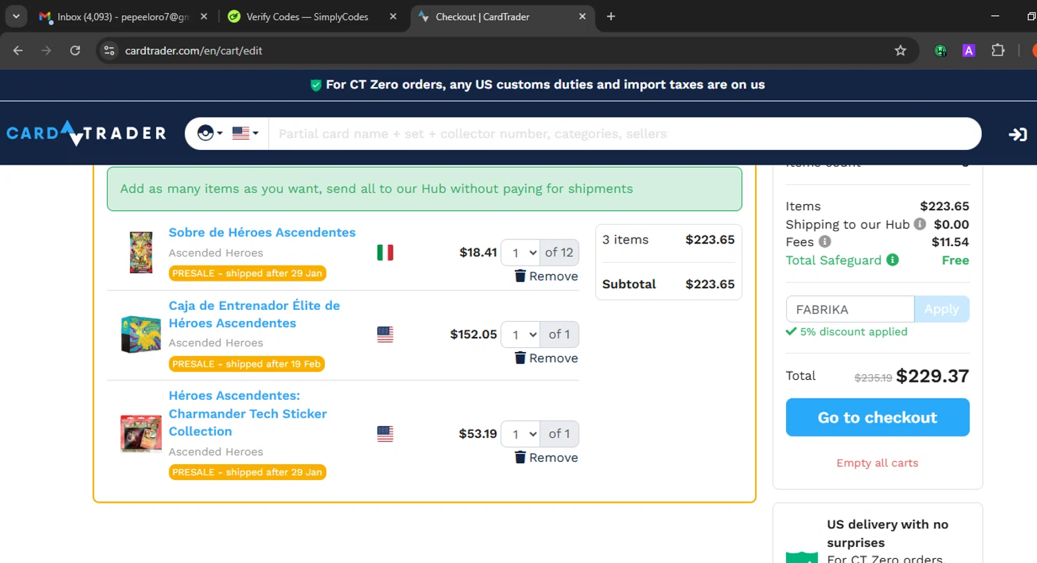 CardTrader coupon code screenshot showing code FABRIKA applied at CardTrader checkout page. Uploaded by SimplyCodes community member Eminem on Dec 2, 2025