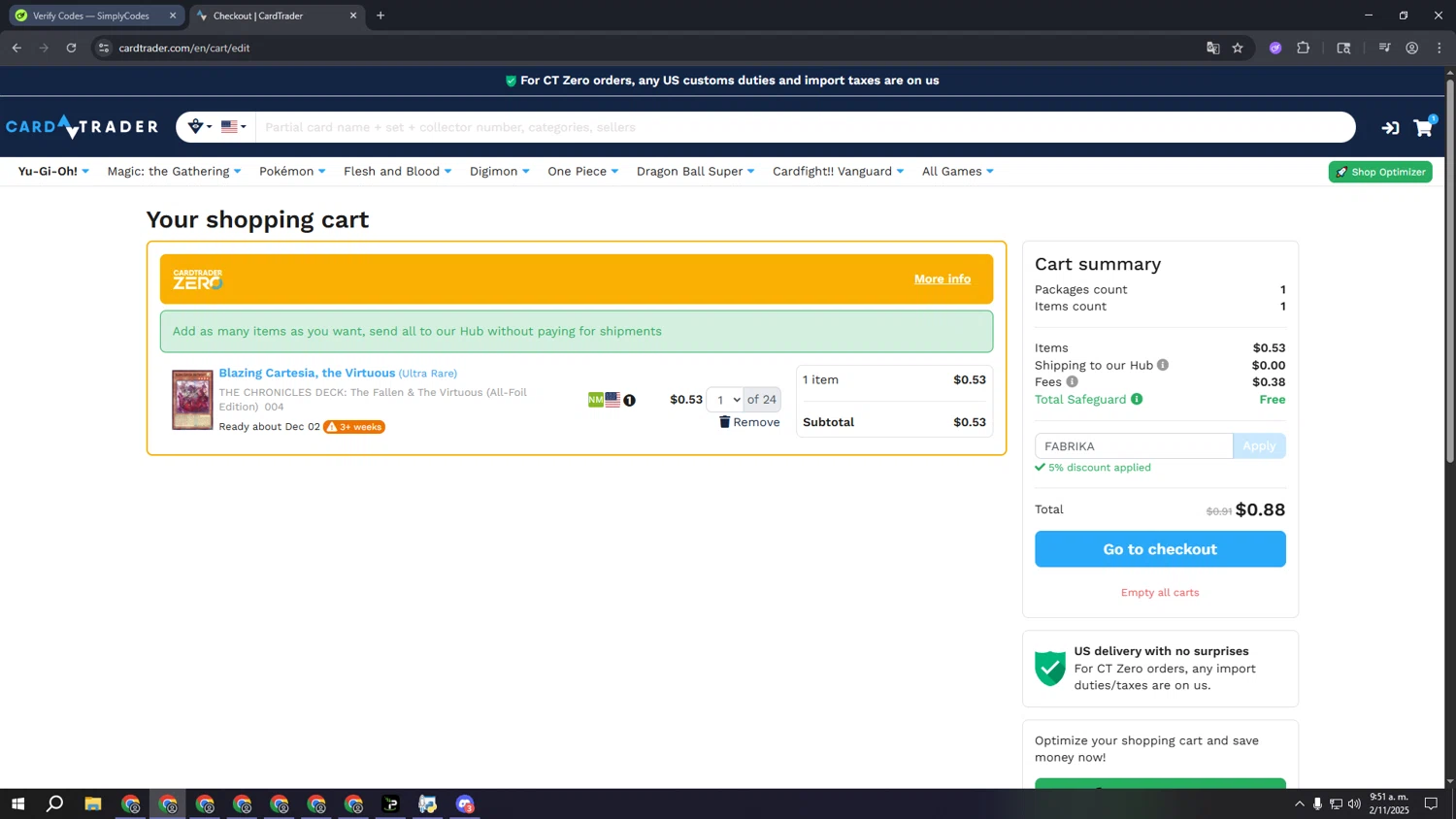 CardTrader coupon code screenshot showing code FABRIKA applied at CardTrader checkout page. Uploaded by SimplyCodes community member aaaaaaaaaaaaaaaa on Nov 2, 2025
