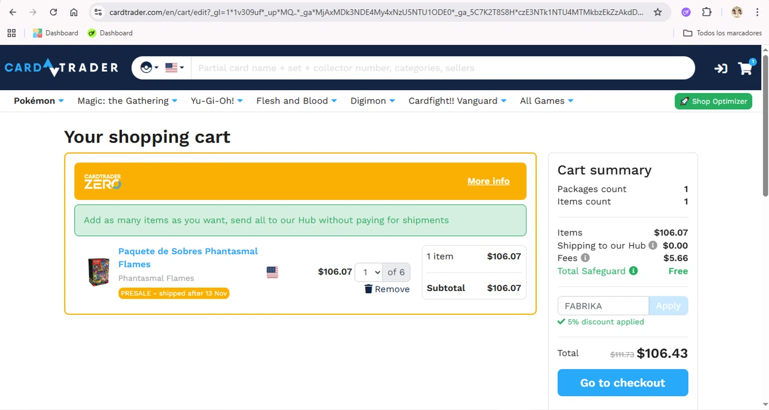 CardTrader coupon code screenshot showing code FABRIKA applied at CardTrader checkout page. Uploaded by SimplyCodes community member LegendaryTitan9160 on Oct 4, 2025