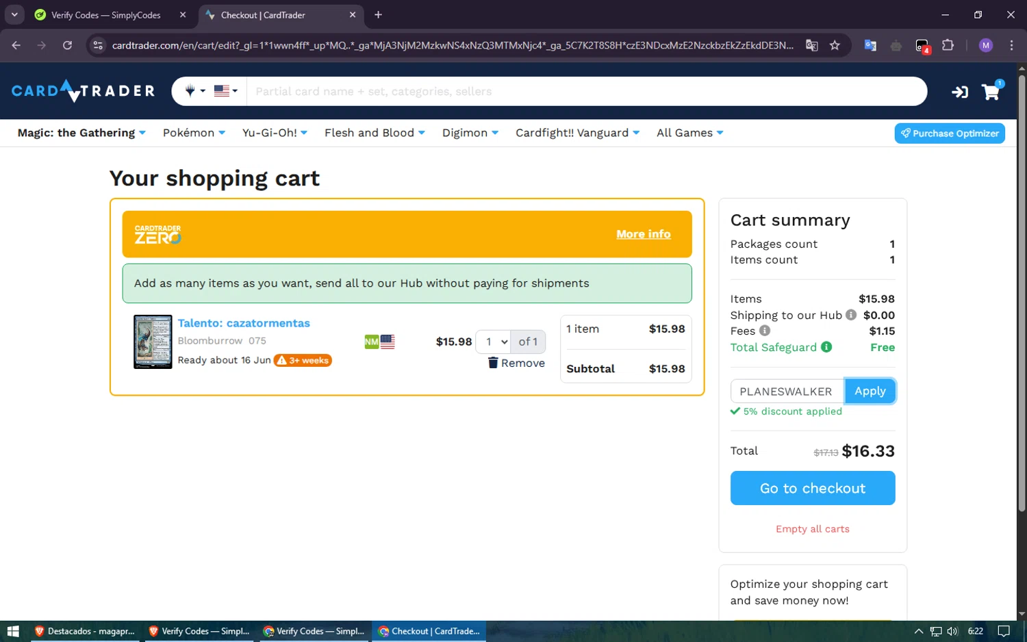 CardTrader coupon code screenshot showing code PLANESWALKER applied at CardTrader checkout page. Uploaded by SimplyCodes community member usuario500 on May 13, 2025