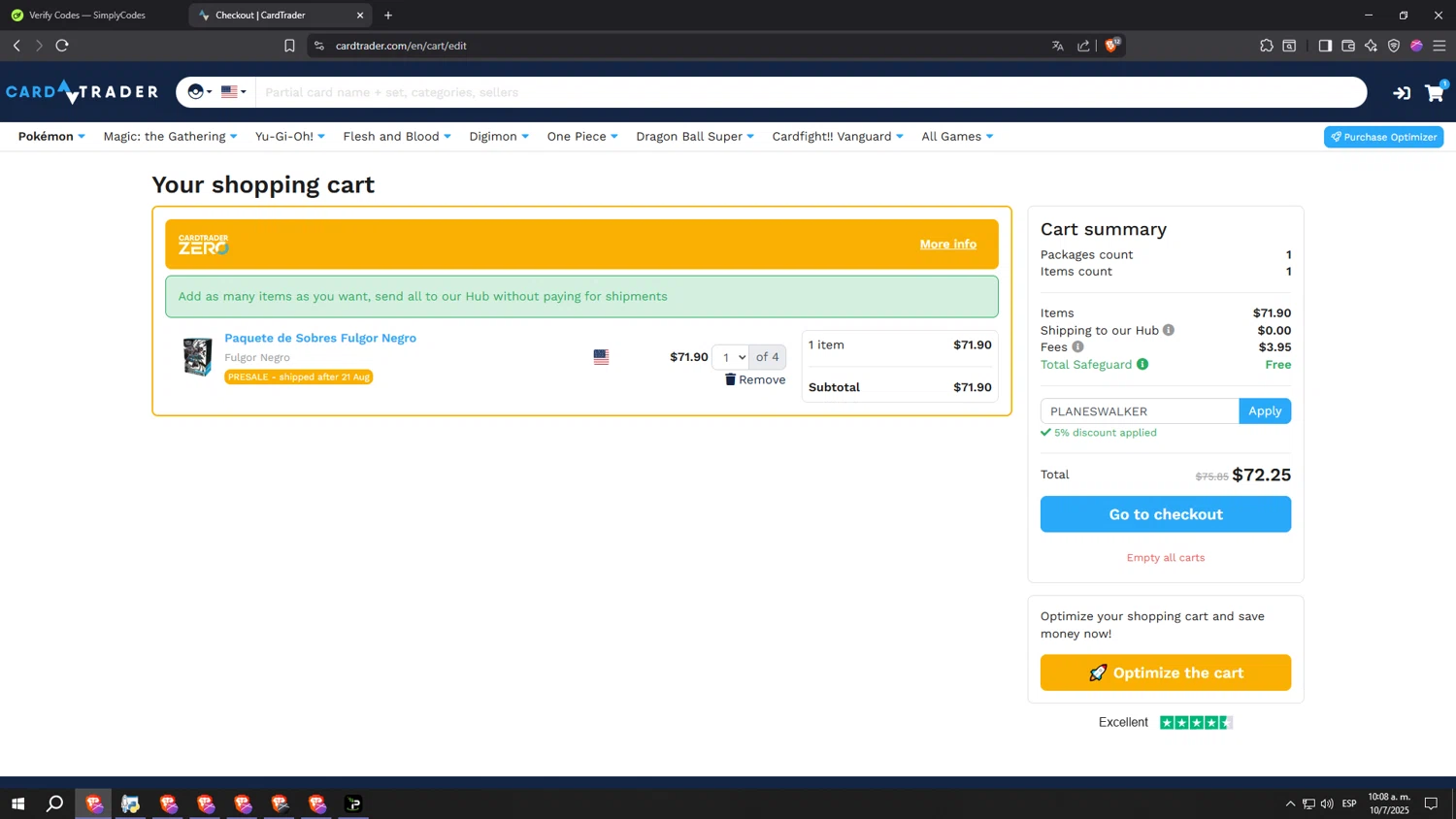 CardTrader coupon code screenshot showing code PLANESWALKER applied at CardTrader checkout page. Uploaded by SimplyCodes community member kkkkkkkkkkkkkkkkkkkk on Jul 10, 2025