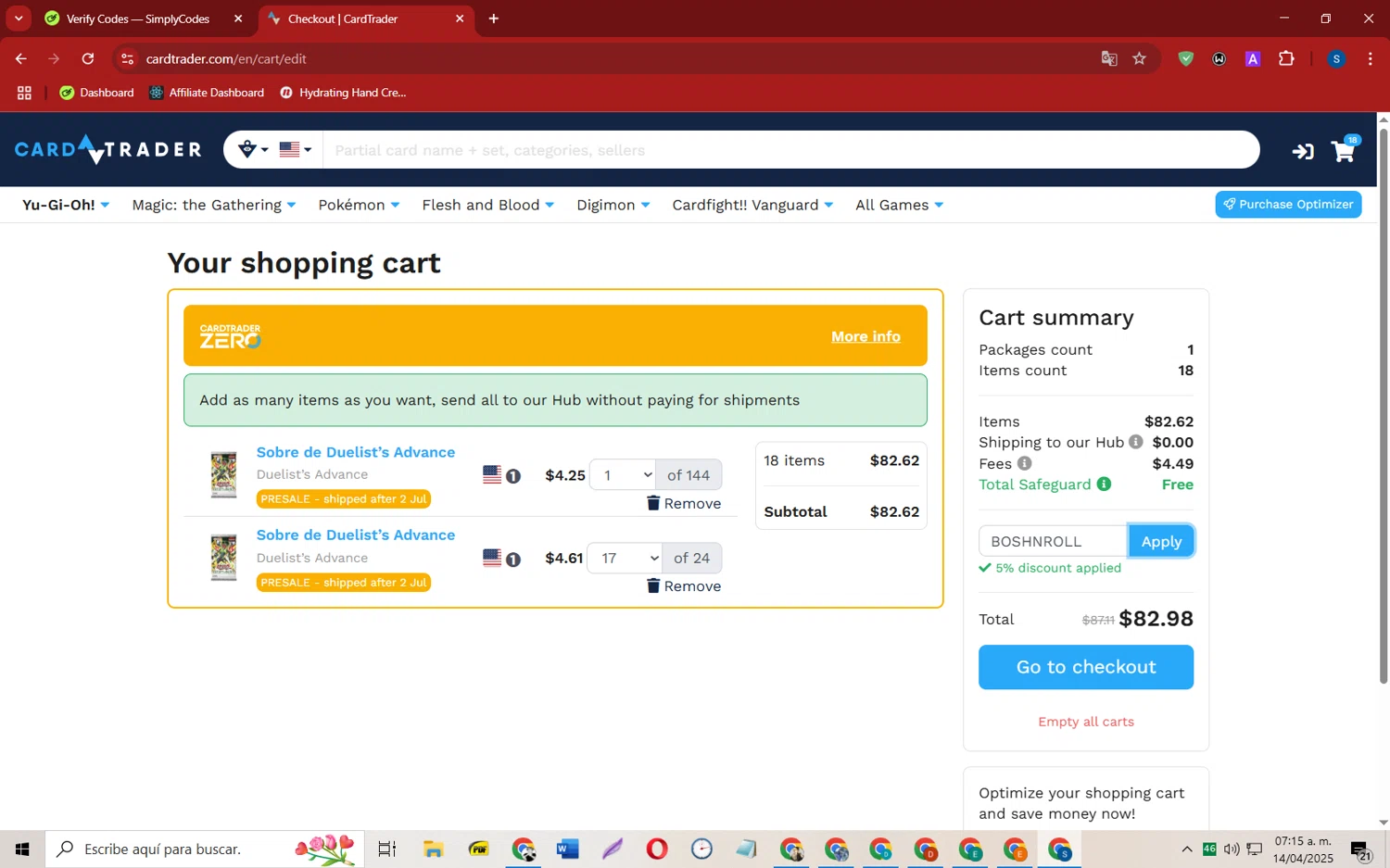 CardTrader coupon code screenshot showing code BOSHNROLL applied at CardTrader checkout page. Uploaded by SimplyCodes community member CleverOwl2485 on Apr 14, 2025