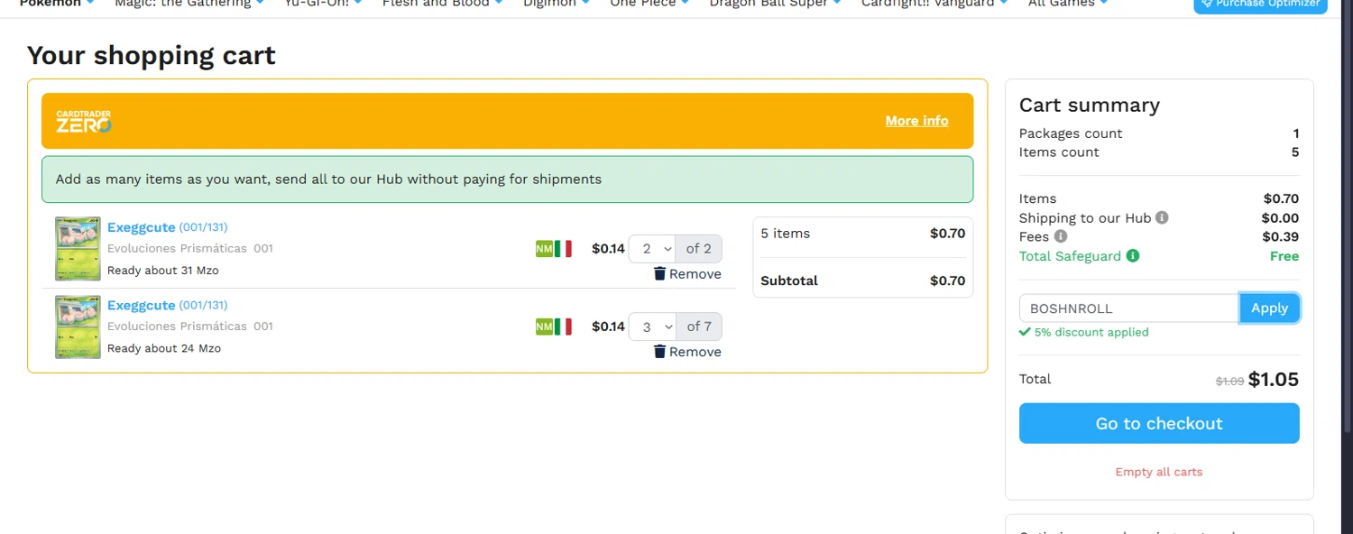CardTrader coupon code screenshot showing code BOSHNROLL applied at CardTrader checkout page. Uploaded by SimplyCodes community member sapphire_nitro on Mar 16, 2025