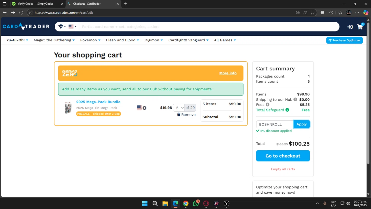CardTrader coupon code screenshot showing code BOSHNROLL applied at CardTrader checkout page. Uploaded by SimplyCodes community member jhoanDepp on Jul 10, 2025