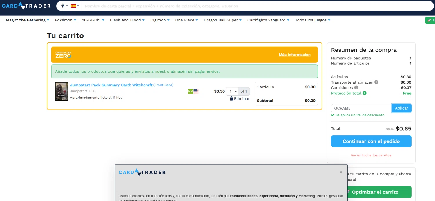 CardTrader coupon code screenshot showing code OCRAM5 applied at CardTrader checkout page. Uploaded by SimplyCodes community member Culebraparada on Oct 22, 2025
