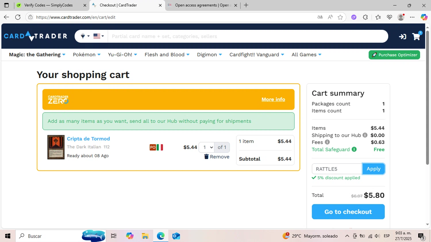 CardTrader coupon code screenshot showing code RATTLE5 applied at CardTrader checkout page. Uploaded by SimplyCodes community member DiscountCurator2907 on Jul 27, 2025