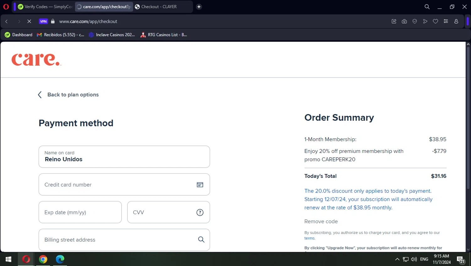 where to use Care.com promo code box