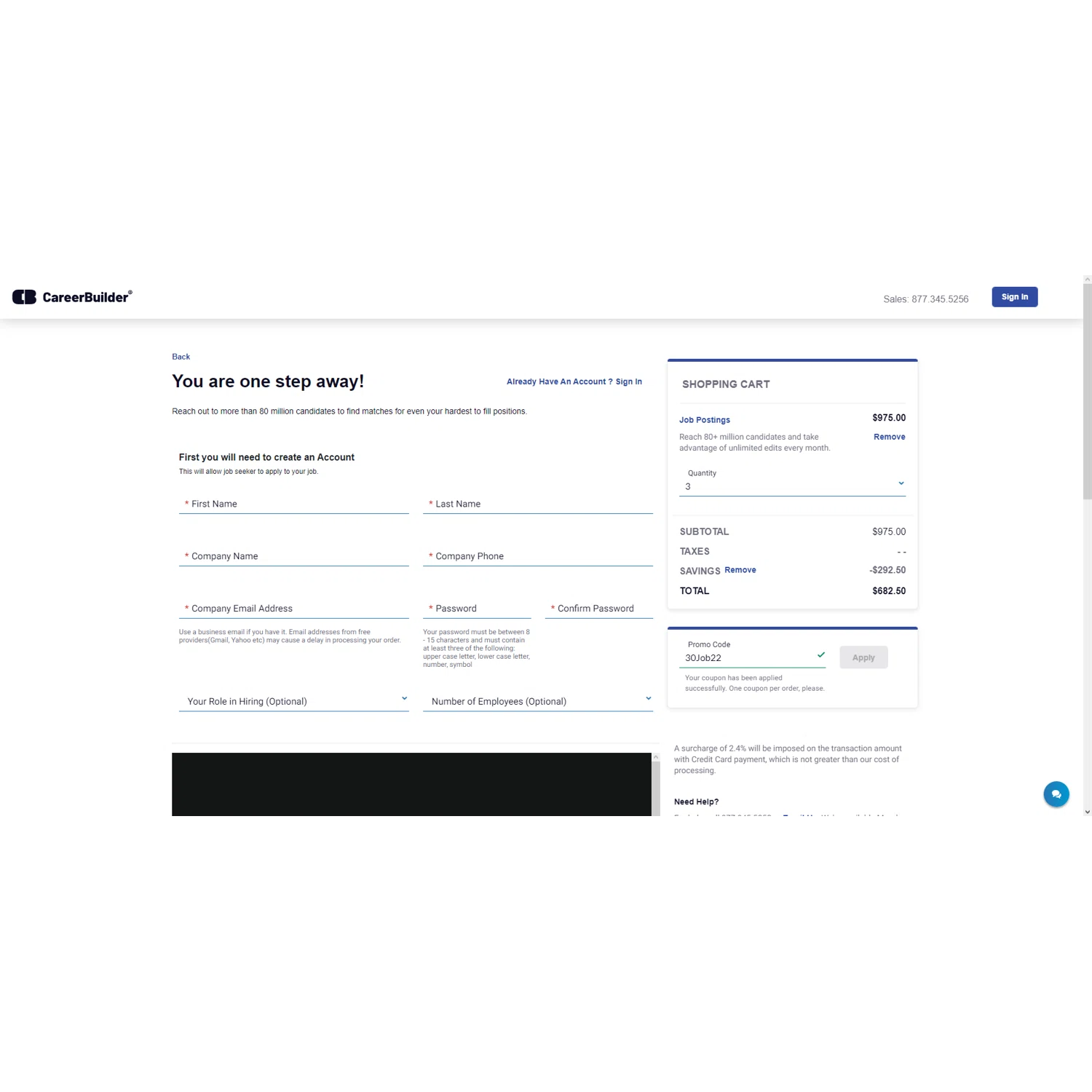 CareerBuilder checkout page showing CareerBuilder promo code box | Screenshot taken by SimplyCodes community member on Sep 3, 2023