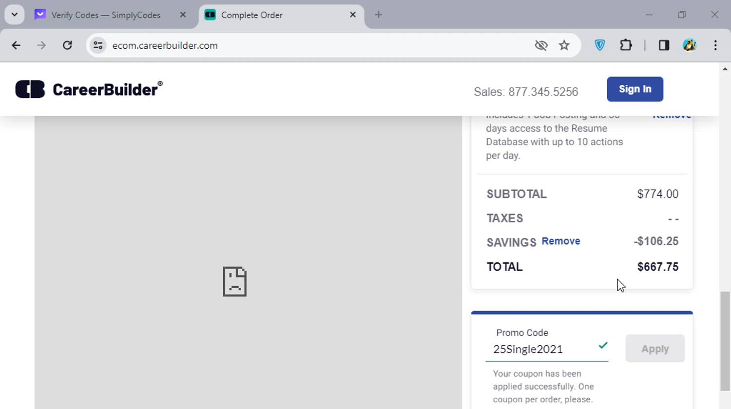 CareerBuilder checkout page showing CareerBuilder promo code box | Screenshot taken by SimplyCodes community member on Jan 25, 2024