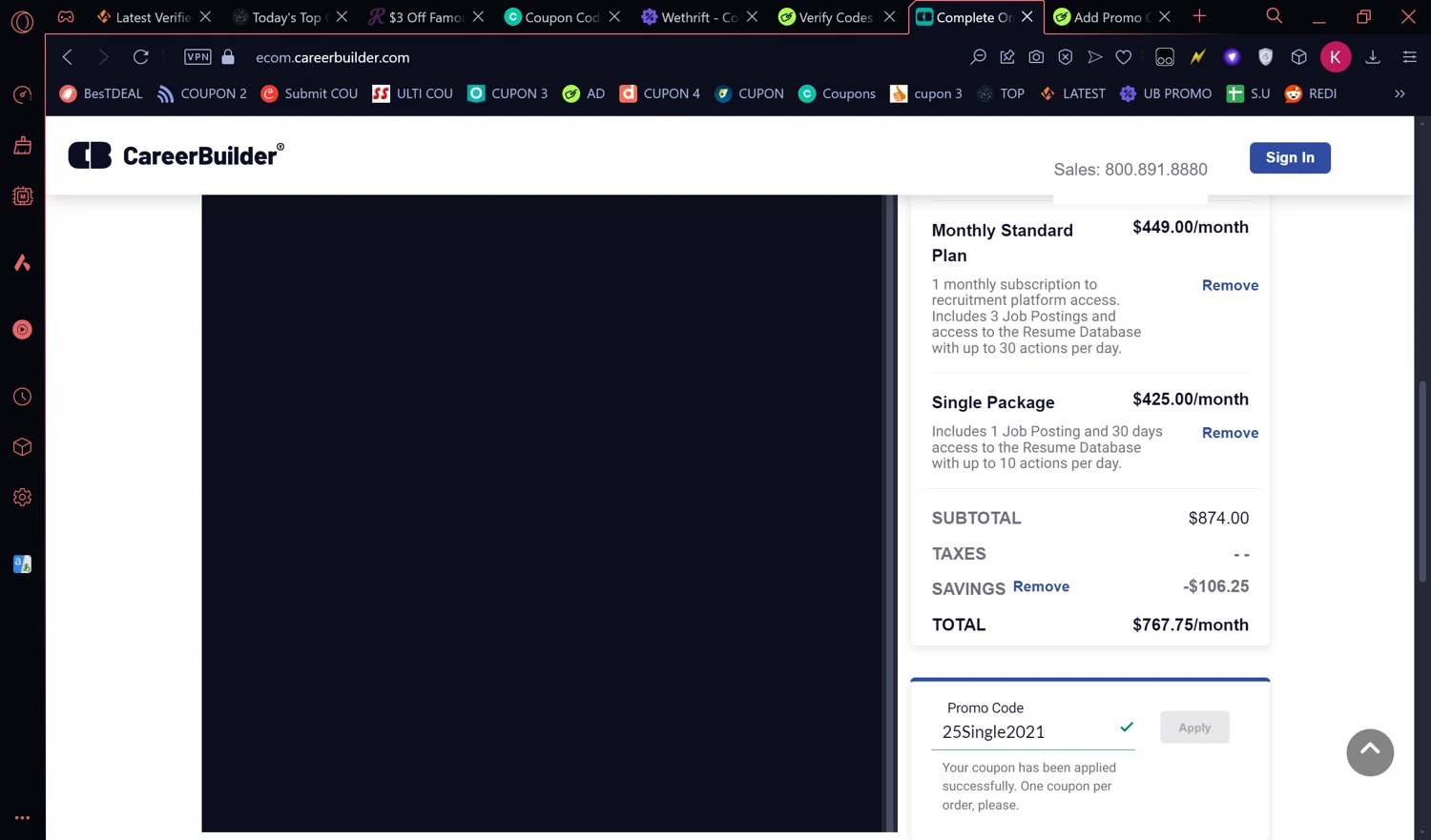 CareerBuilder checkout page showing CareerBuilder promo code box | Screenshot taken by SimplyCodes community member on Oct 14, 2024